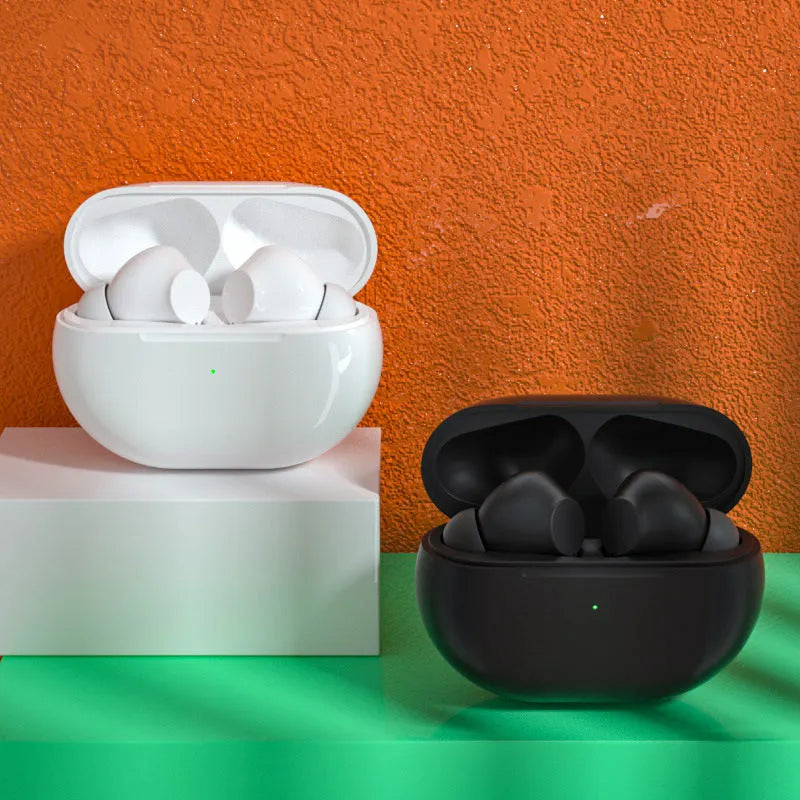 Pro4 black and white Bluetooth 5.0 earbuds with charging case on a white background.