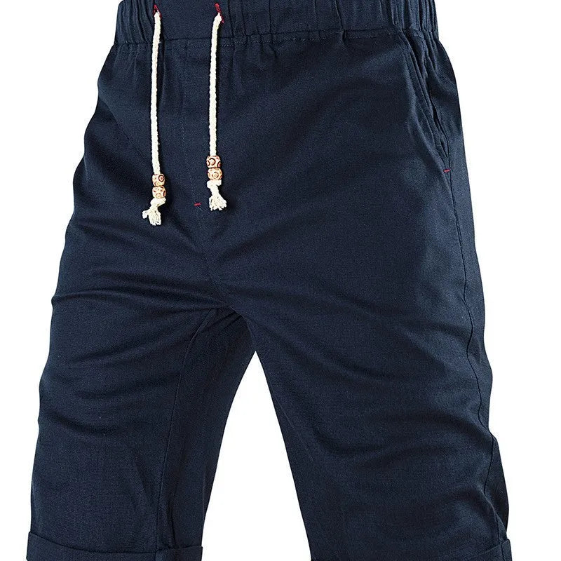 Men's summer cotton blend sports shorts with drawstring waist and zipper pocket in solid colour