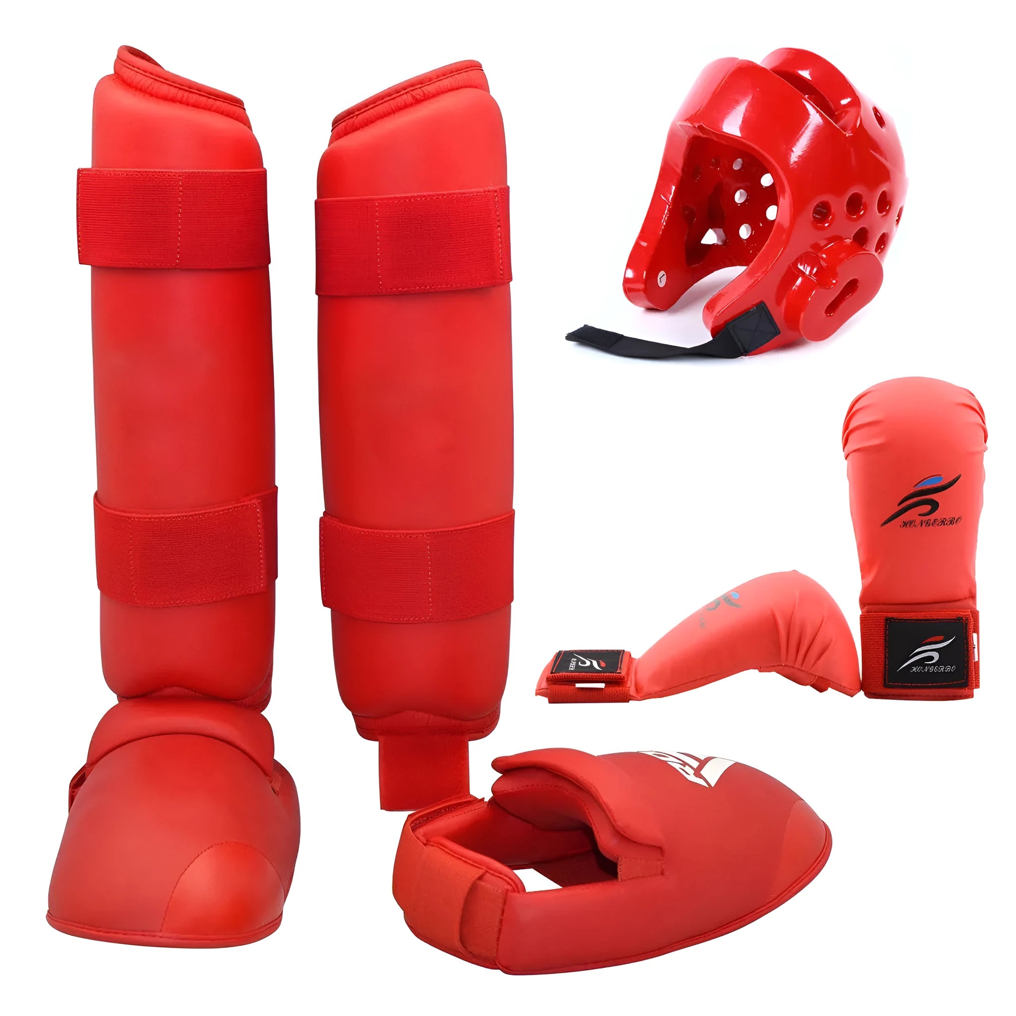 Red martial arts protective gear set including leg guard, helmet and gloves for karate and taekwondo training