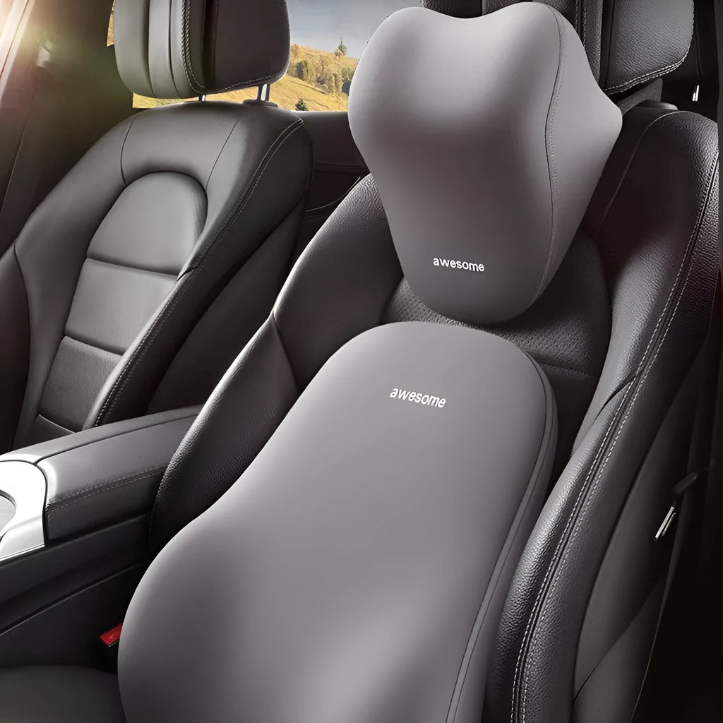 High-grade automotive headrest lumbar support pillow on car seat in beige colour
