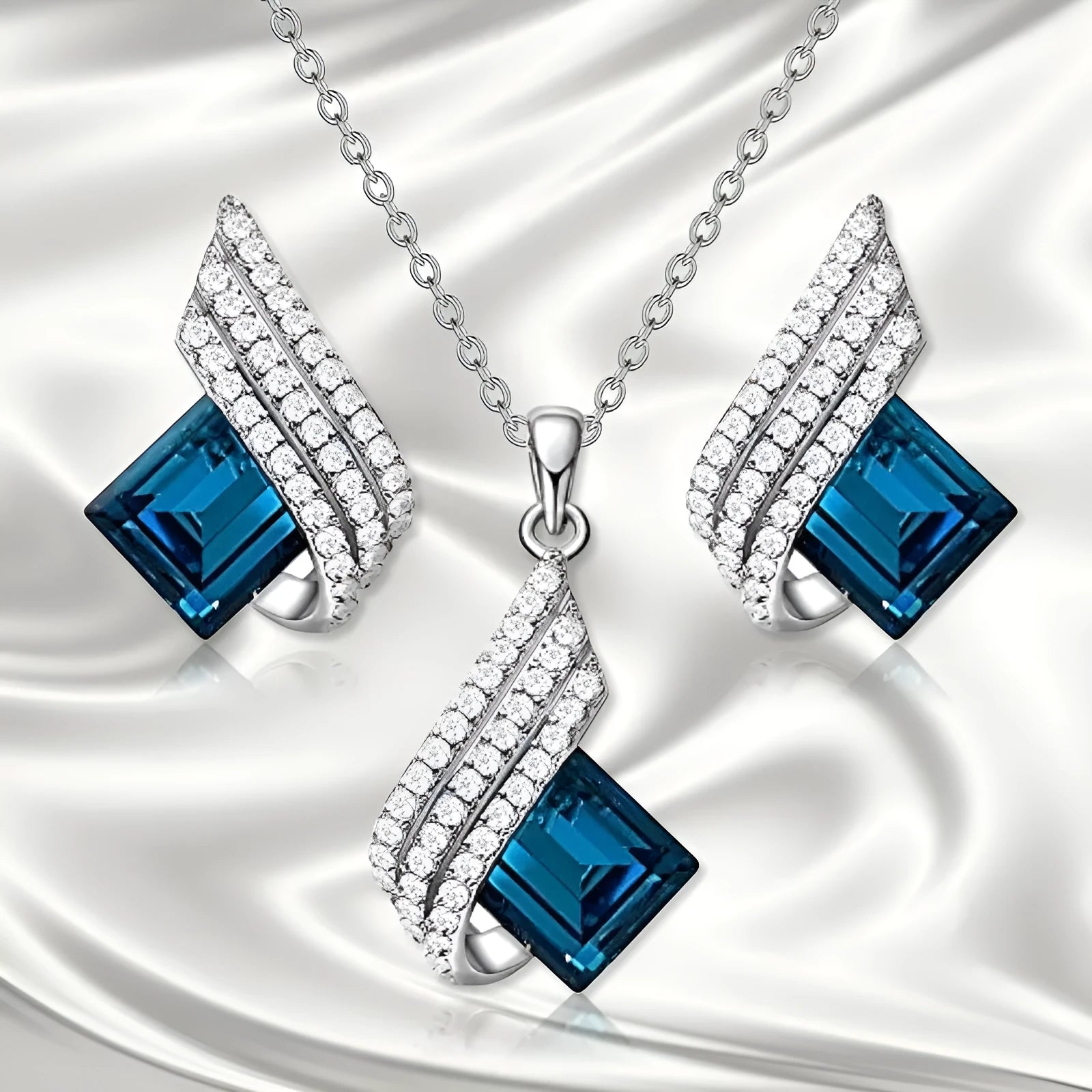 Women's electroplated alloy necklace and earrings set with glass detail and cross chain style
