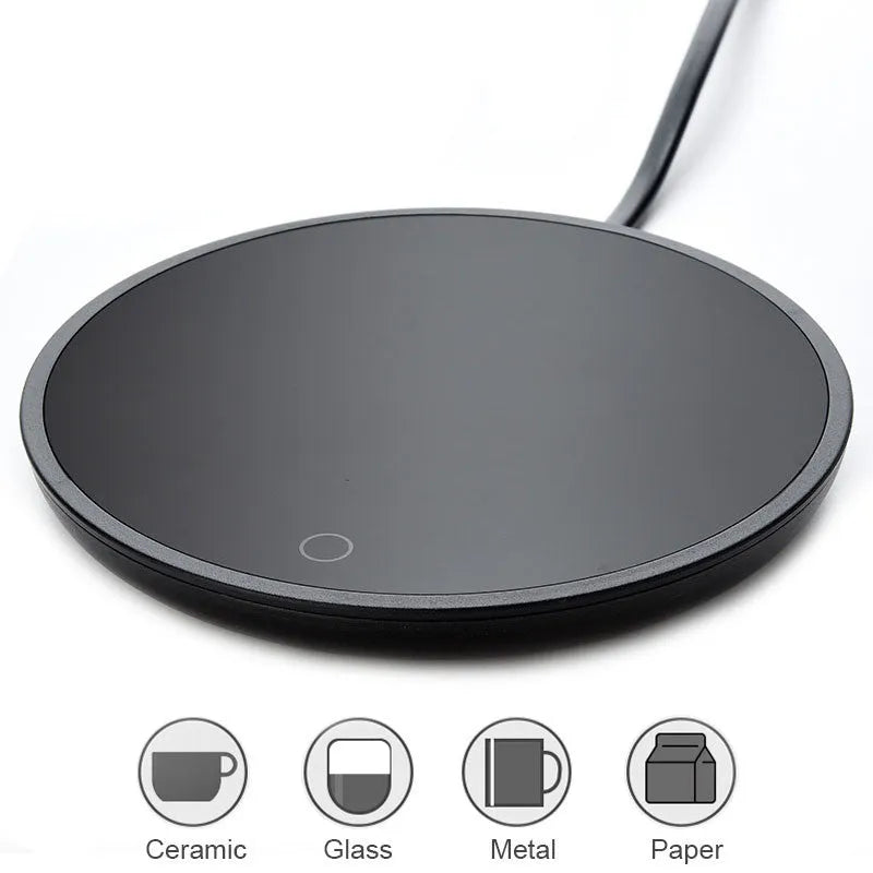 Black cup warmer with tempered glass surface and adjustable temperature control