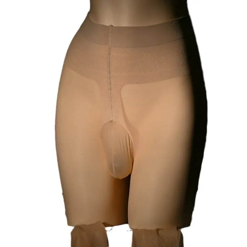 Men's cat scratch-resistant 30D transparent full-body stockings in black, gray, brown, and skin color