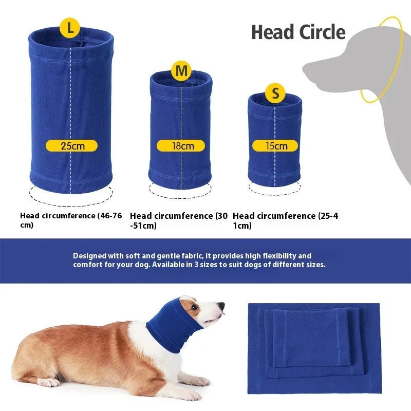 Blue and grey polyester dog headband scarf shown in small, medium, and large sizes.