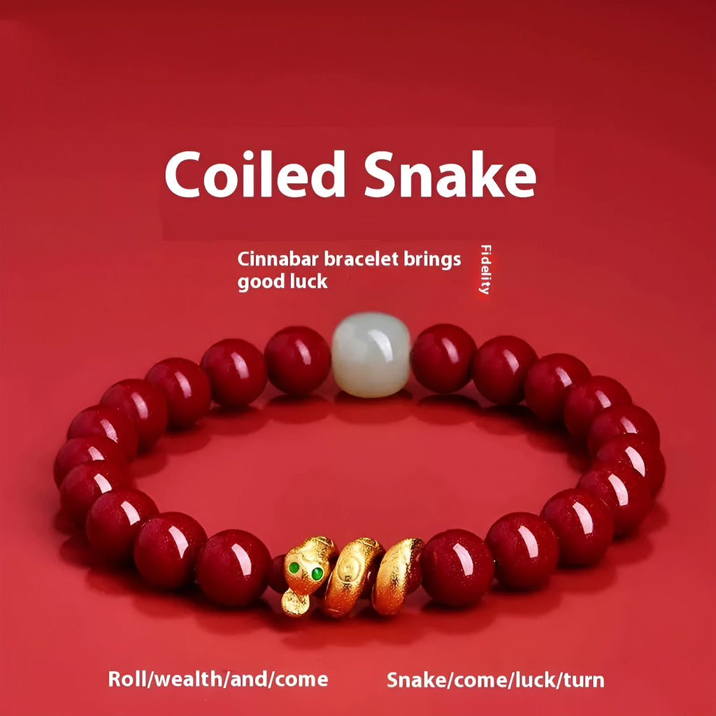 Handmade cinnabar Snake Year zodiac bracelet with Chinese style design and snake bead detailing