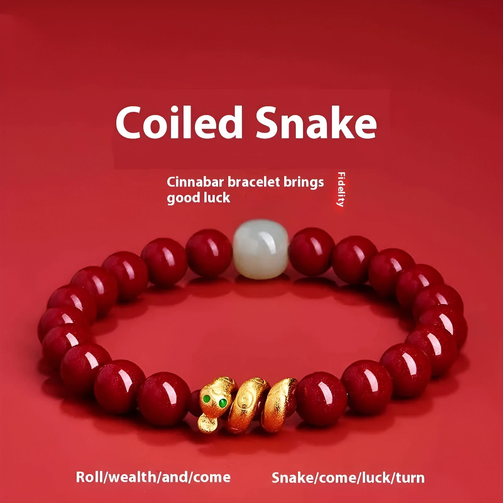 Handmade cinnabar Snake Year zodiac bracelet with Chinese style design and snake bead detailing