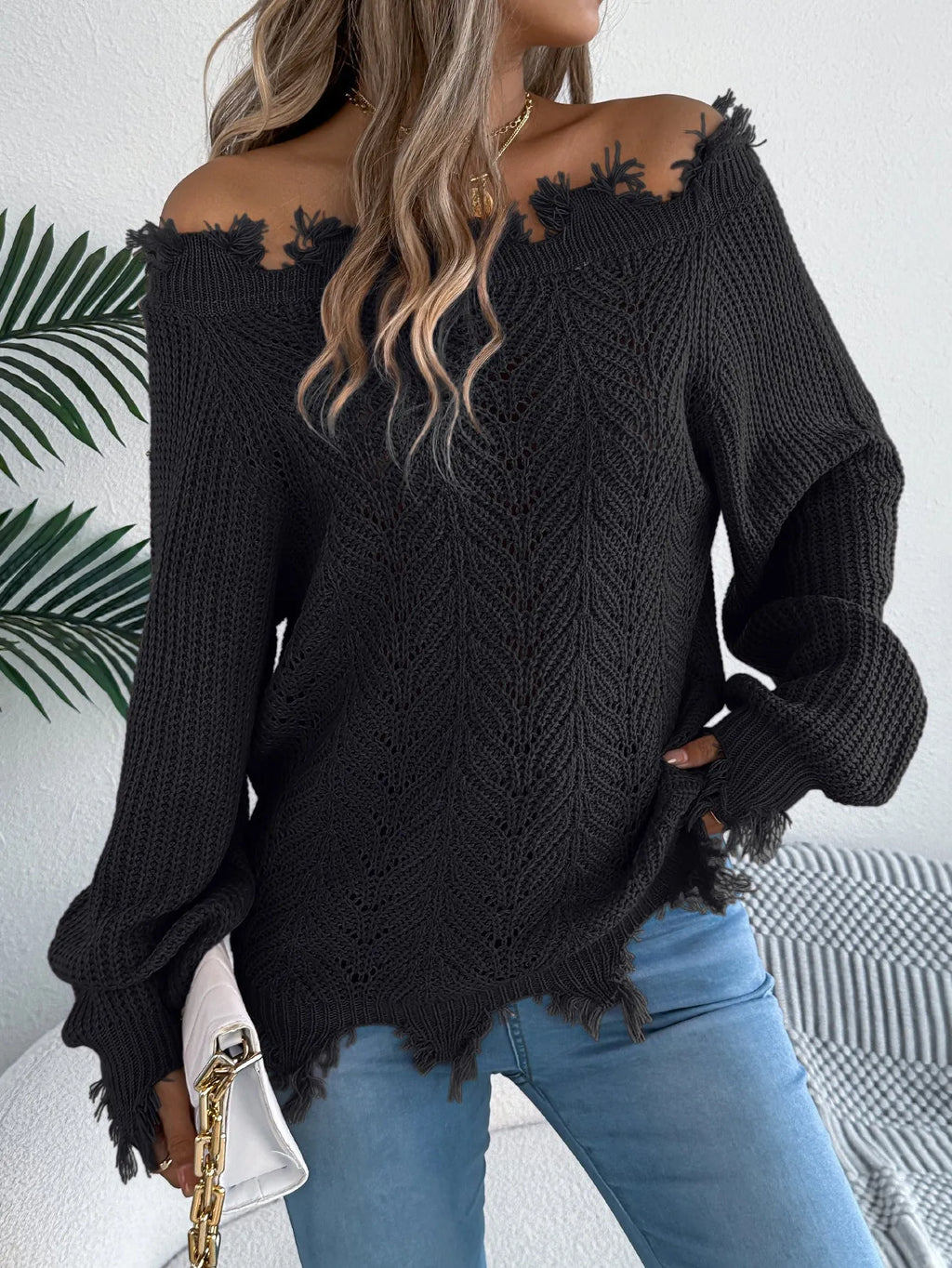 Hollow-out cut off-the-shoulder pullover sweater in artificial wool fabric available in white, orange and black colours