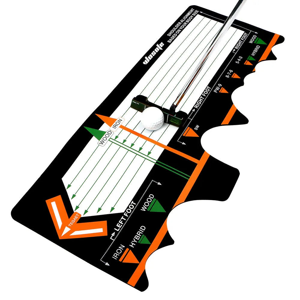 Black neoprene golf swing positioning pad for stance and alignment training.