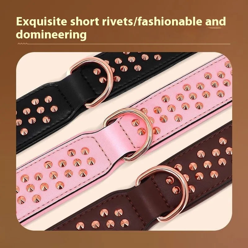 Leather dog collar with metal anti-bite rivets in black, chocolate, or pink.
