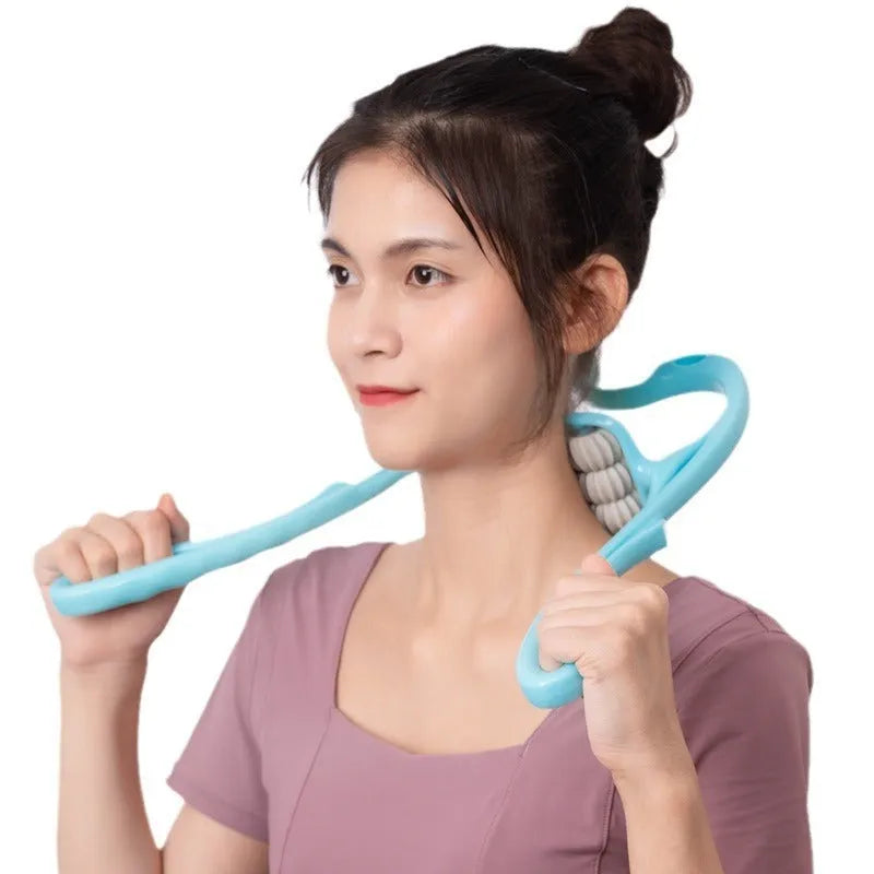Blue plastic handheld massager with six white rolling wheels for neck and shoulders.