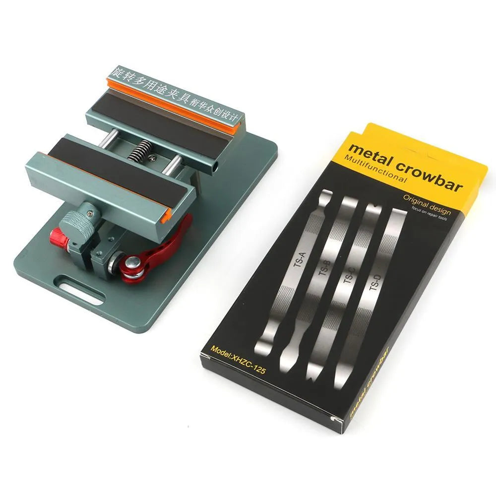 Mobile phone repair fixture with adjustable grip and demolition crowbar accessory