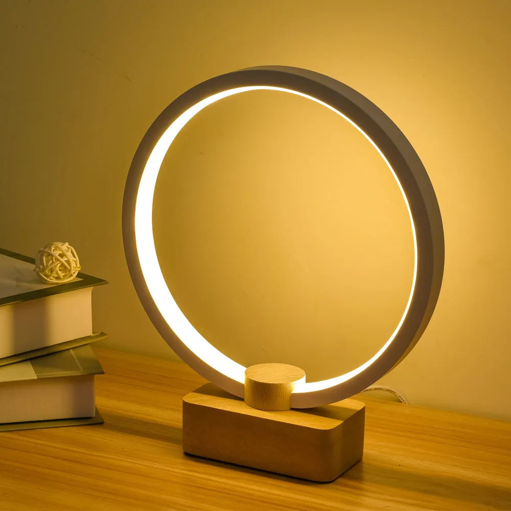 Smart solid wood LED small night lamp with bamboo holder, round small size, USB powered, modern simplicity style
