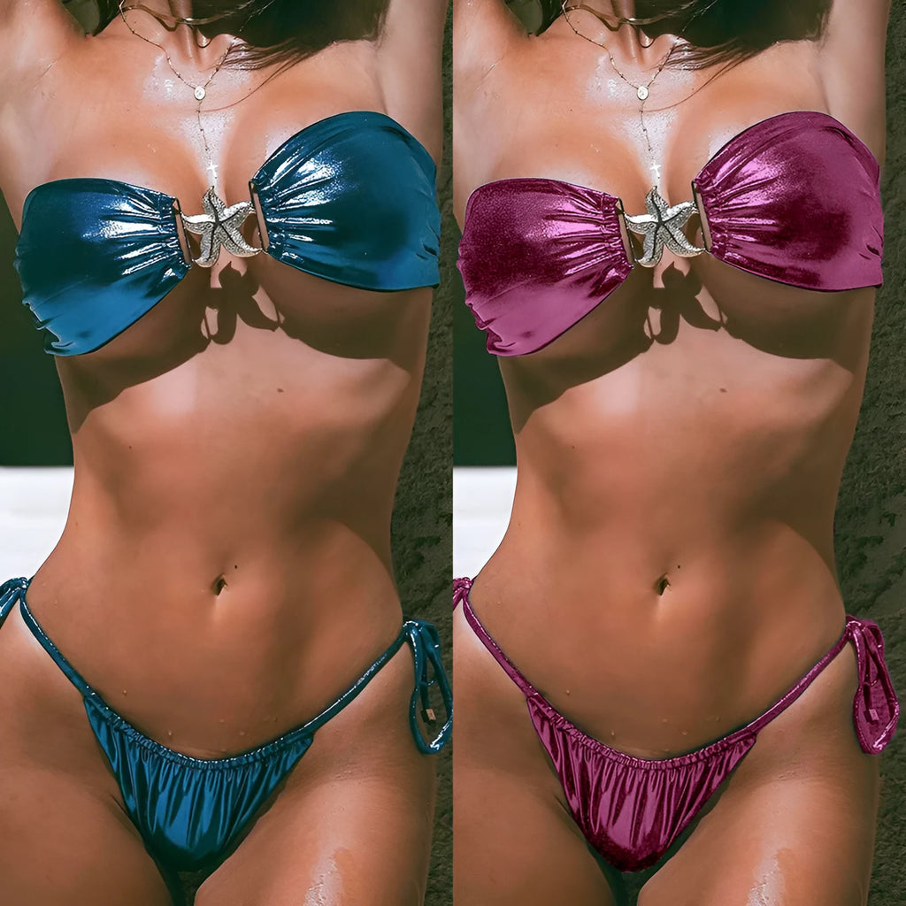 Women's glossy sapphire blue bikini set with gold starfish print and long sleeves