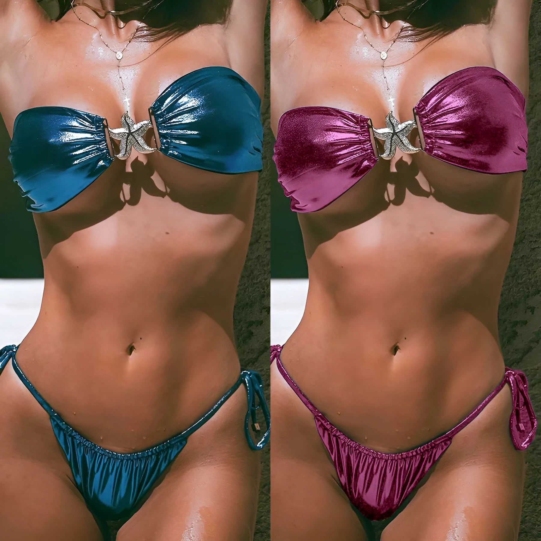 Women's glossy sapphire blue bikini set with gold starfish print and long sleeves