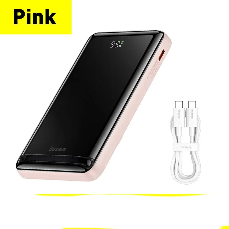 Slim blue magnetic 3-in-1 power bank showing wireless charging surface and compact size.