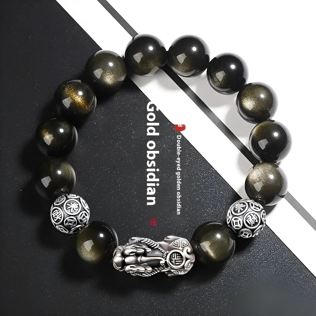 S999 silver natural obsidian bracelet for men, polished geometry shape, 12mm size