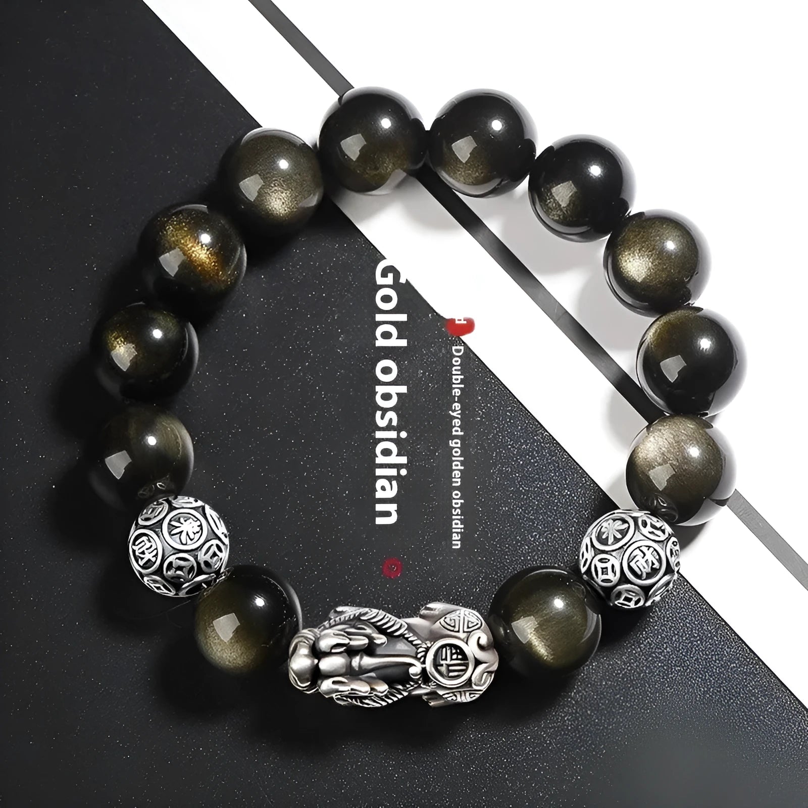 S999 silver natural obsidian bracelet for men, polished geometry shape, 12mm size