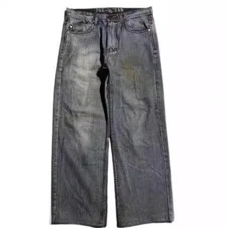 Men's grey washed-out wide-leg jeans with a straight-leg workwear design on a neutral background.