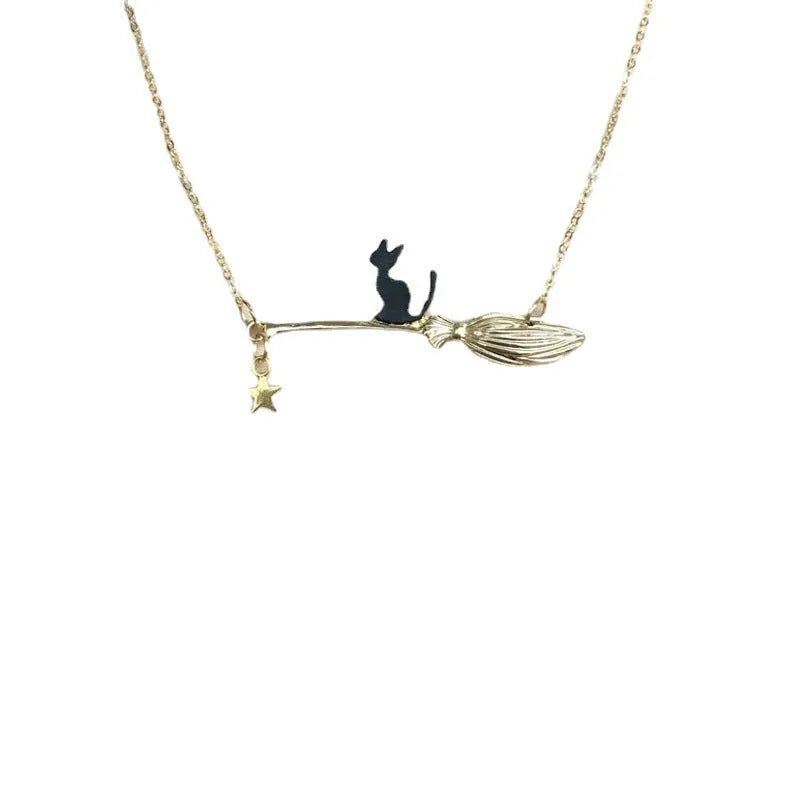 Black cat pendant necklace in silver or gold alloy with animal zodiac design