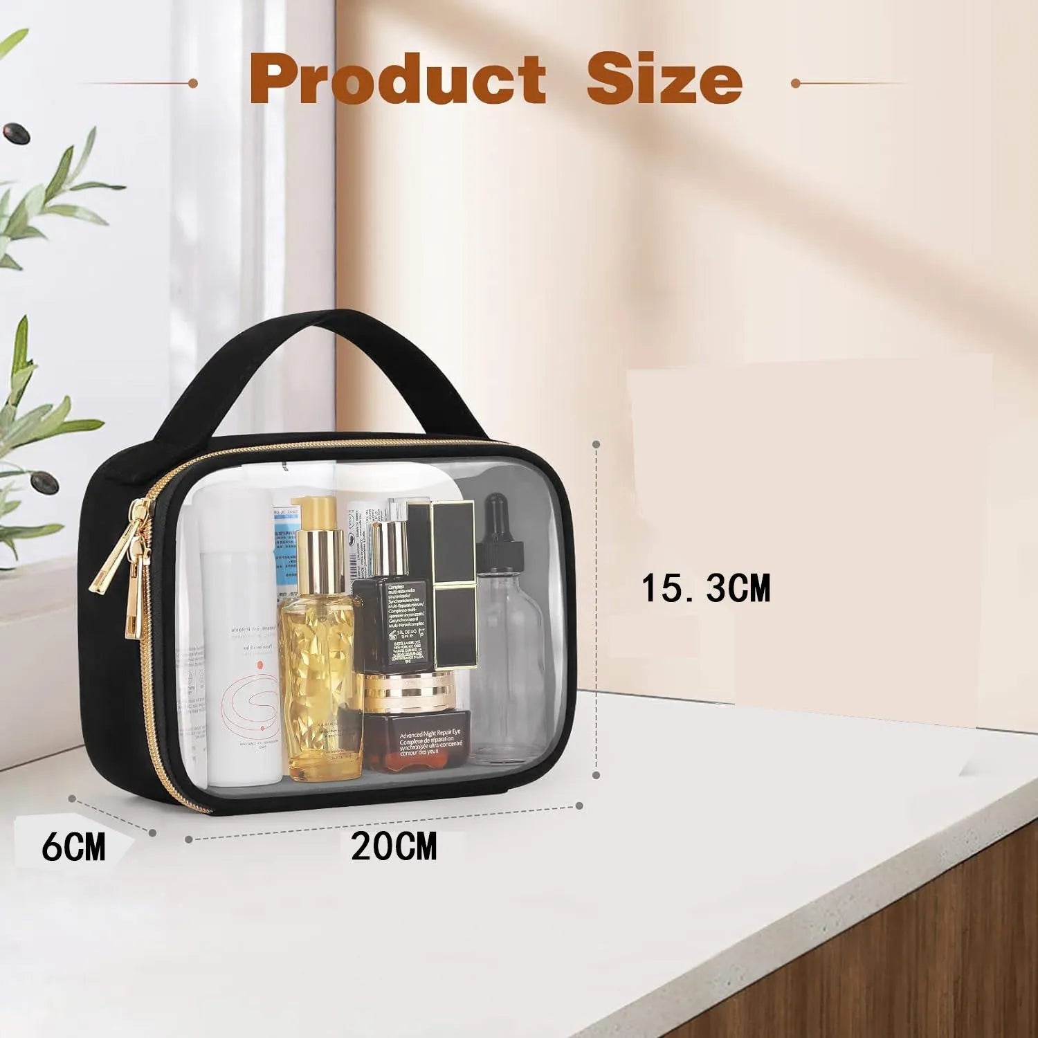 Transparent PVC lipstick storage wash bag with chain handle in leopard print colour