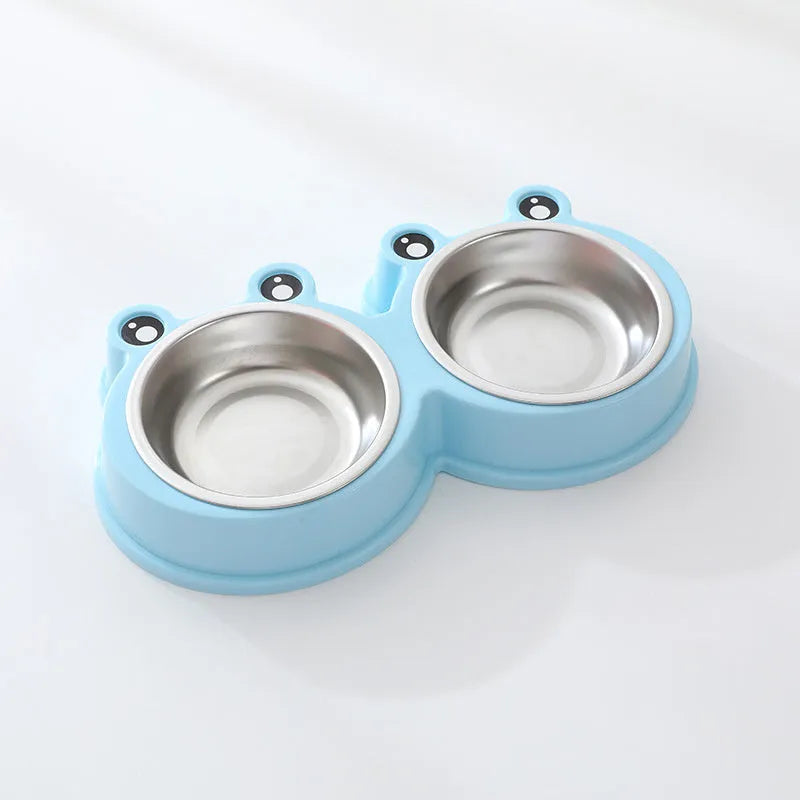 Stainless steel pet double bowl with food and water compartments in blue colour
