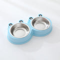 Stainless steel pet double bowl with food and water compartments in blue colour