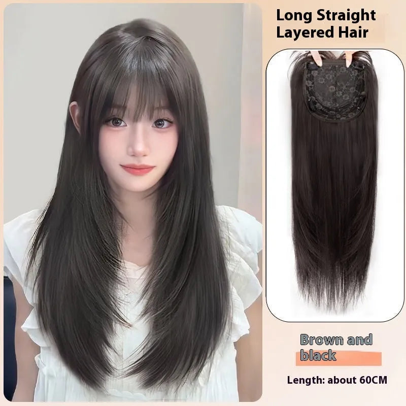Women's full-head wig black long straight high layered with wear-free hair net