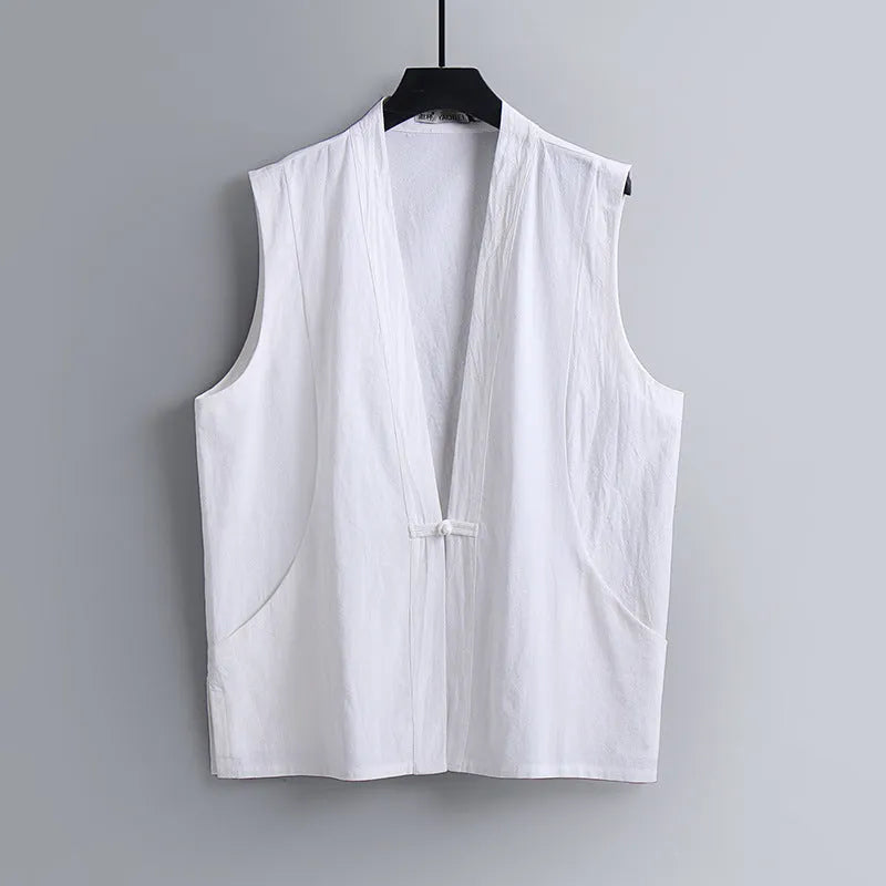 Men's summer loose fit linen sleeveless vest in solid colour, pure flax, size M to 9XL