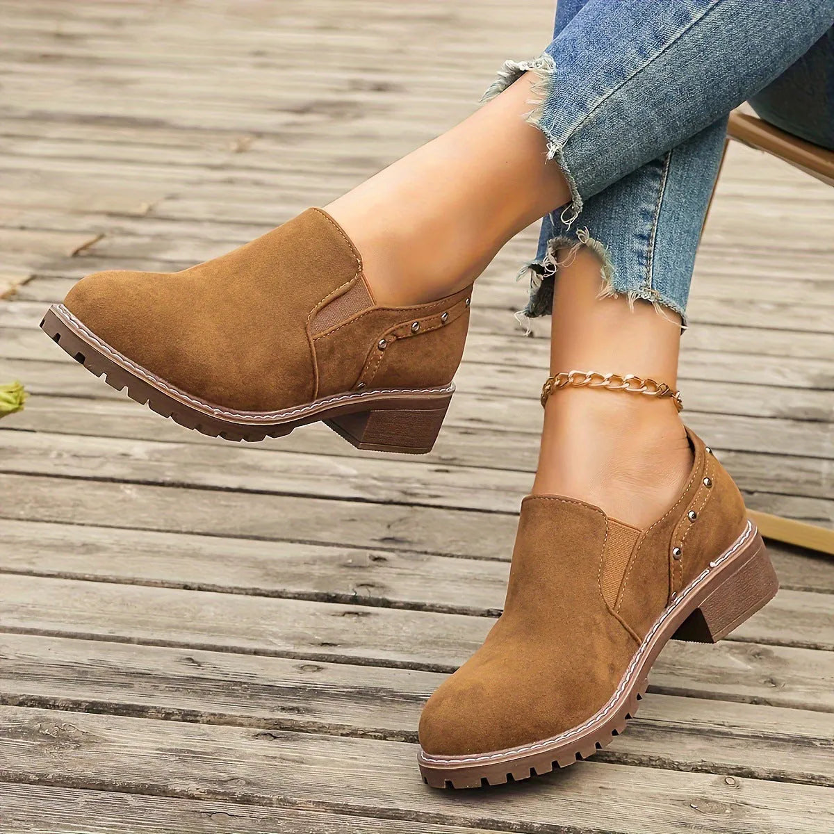 Plus size suede ankle boots for women, low heel, black colour, round toe, elastic band
