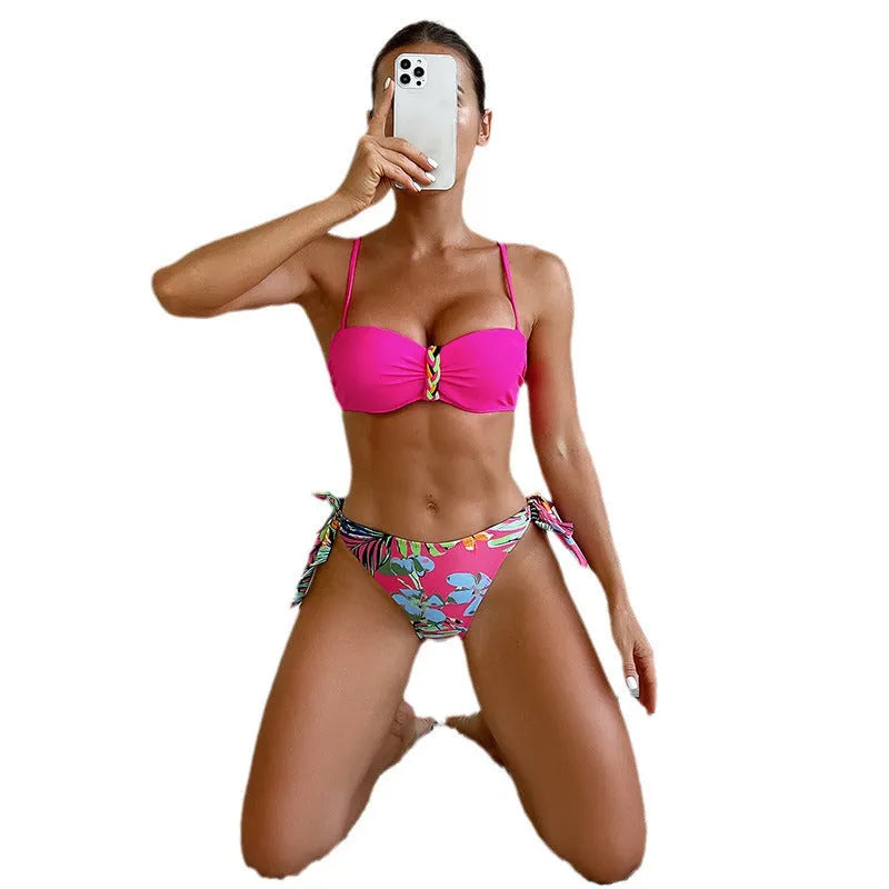 Women's braid rope bikini swimsuit in Rose Red polyester fibre for swimming and water sports