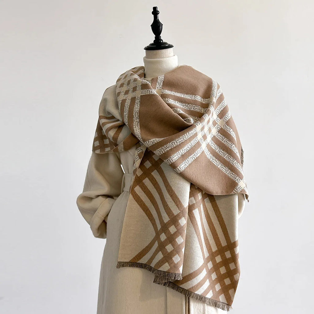 Qianjin imitation cashmere tassel scarf in 185x65cm size shown in four colours brown black black camel khaki