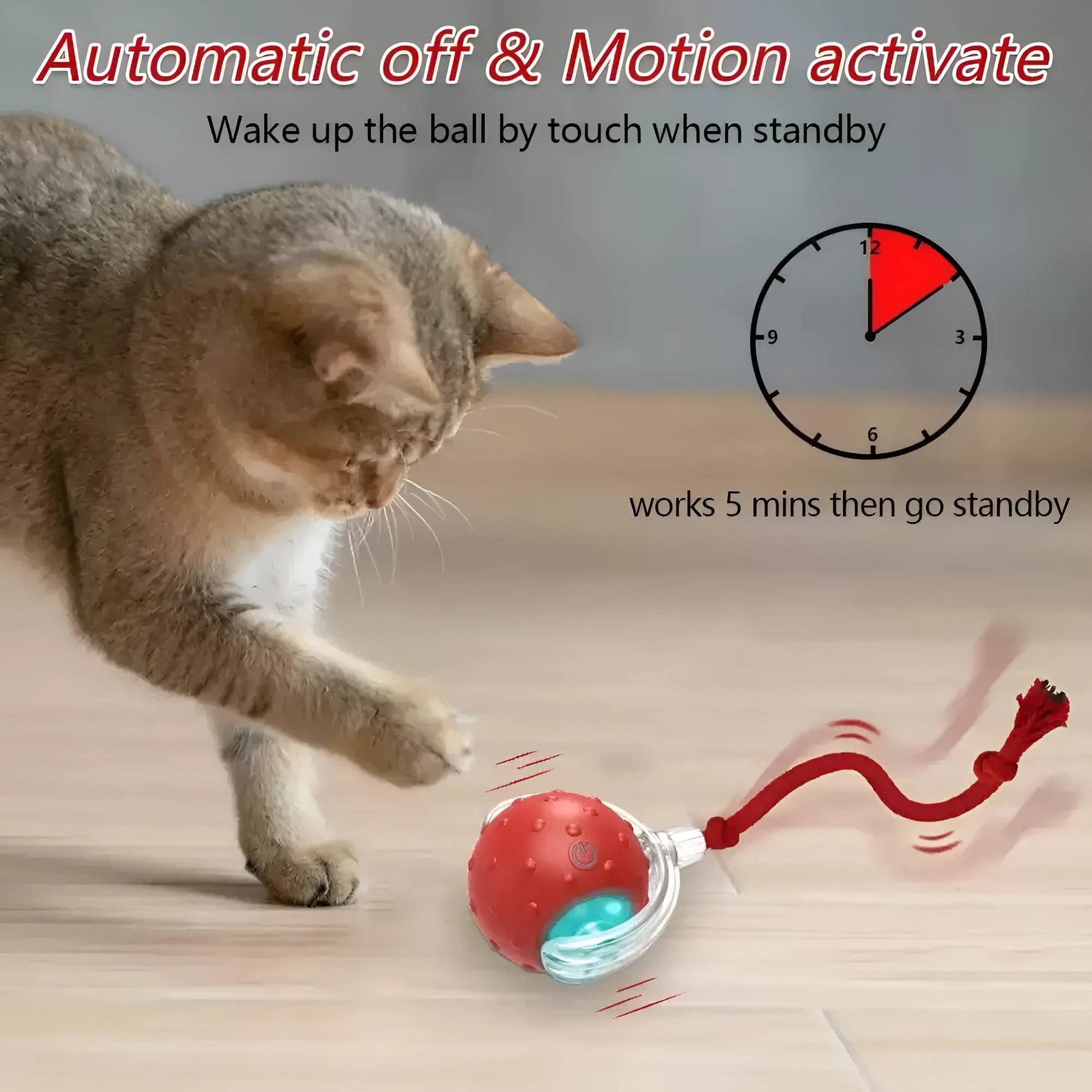 Interactive Super Drive cat rolling ball in blue and red colour options on a light floor