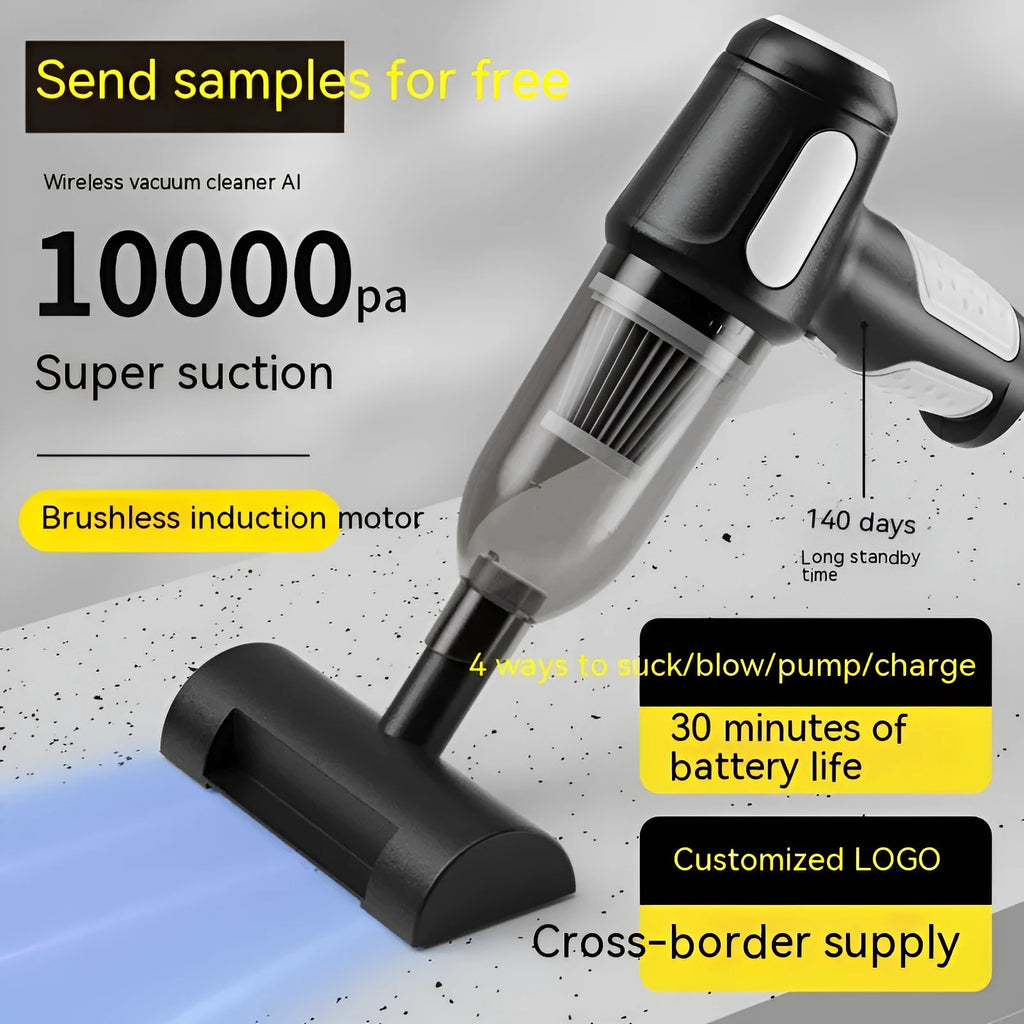 Car wireless handheld vacuum cleaner with 6KPa suction, 4000mAh rechargeable battery, Type-C port, and accessories on a black background