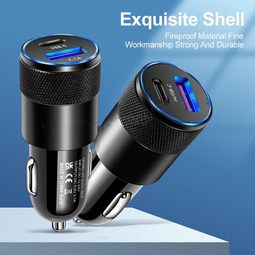 Aluminium alloy mobile phone car charger with 12V input, compact 2.5 x 6cm size, in All Black finish