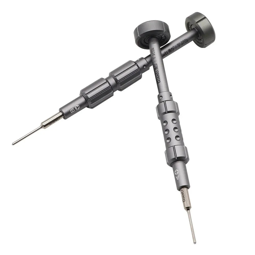 Precision screwdriver set with grenade-shaped aluminium handle and five bit types for iPhone repair