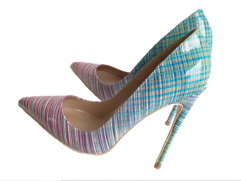 Ladies pink and blue gradient patent leather pointed toe high heels on a white background