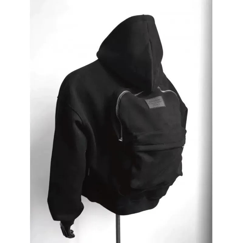 Men's back schoolbag design coat in light gray with hood and floral print, front view
