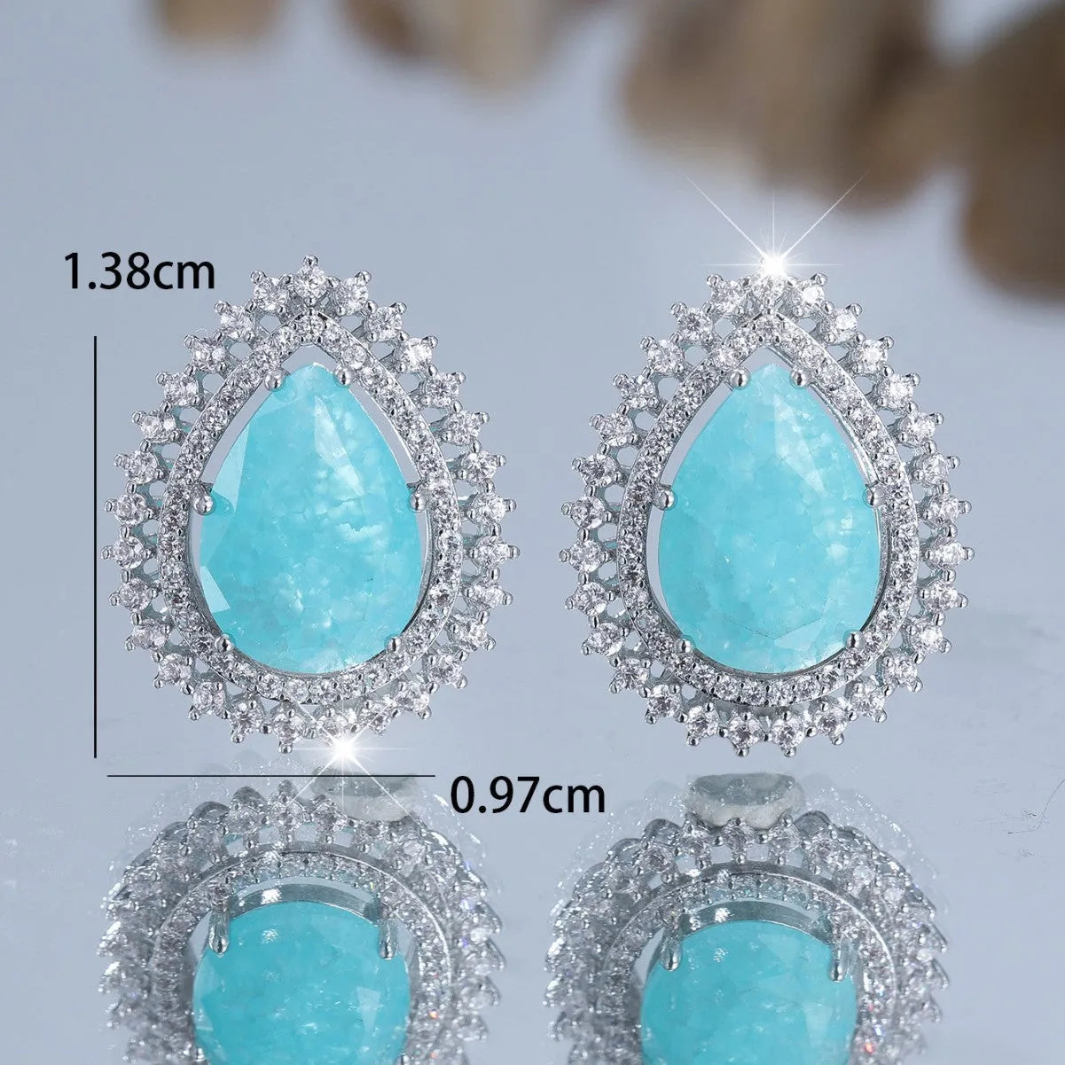 Pair of platinum ice flower diamond drop earrings with heart-shaped copper base