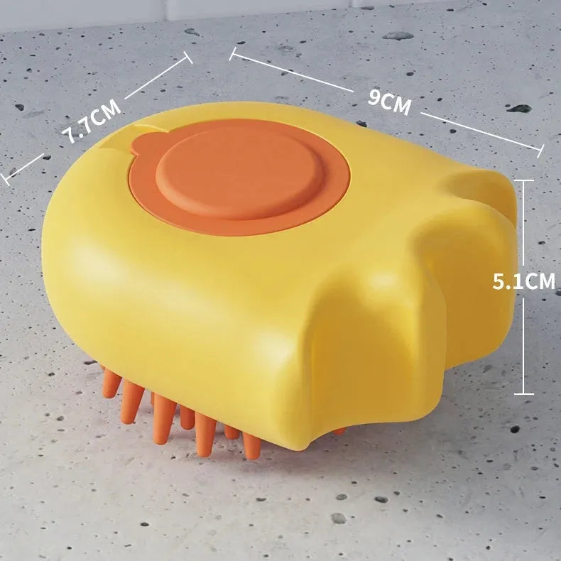 Pet bath brush with built-in shampoo box showing blue, orange and yellow colour options