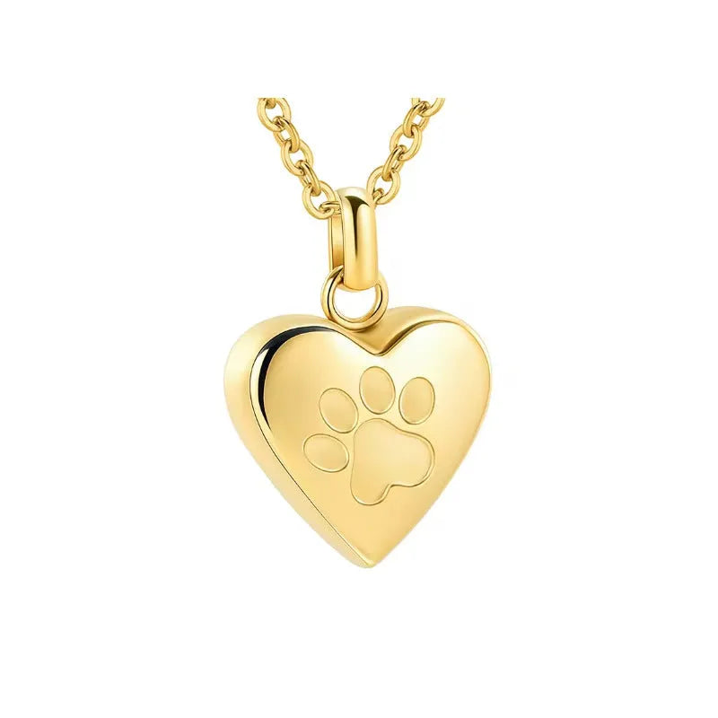 Titanium steel heart pendant necklace with paw print design and opening casket.
