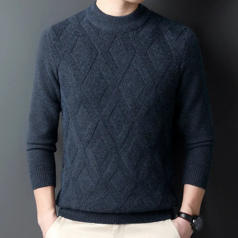 Men's grey diamond jacquard knit wool blend pullover sweater on a hanger.