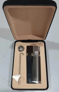 Foldable 2-in-1 metal pipe lighter and refillable butane smoking gadget with silver square cover on a dark background