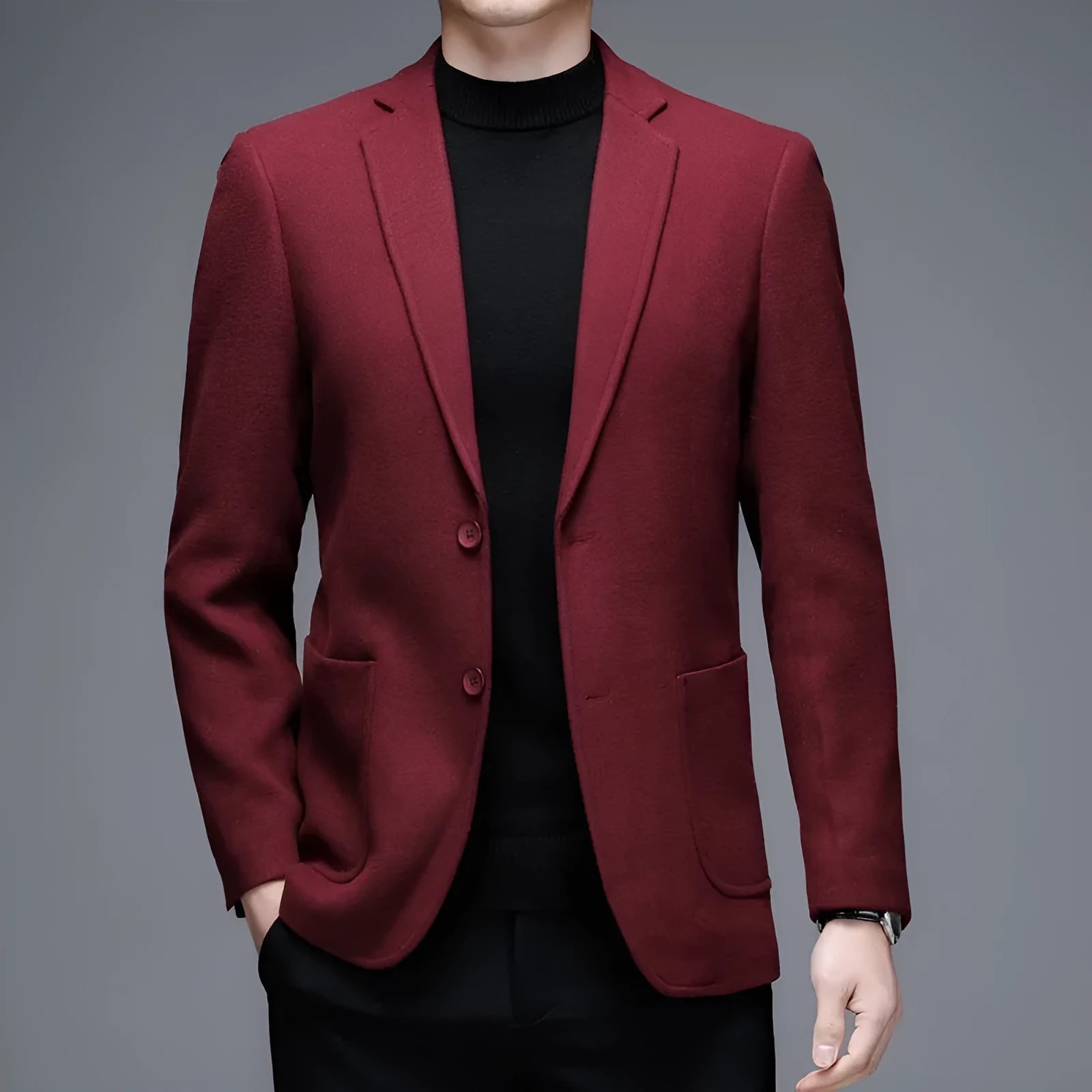Men's solid colour woolen casual jacket with loose fit and round hem in winter styling
