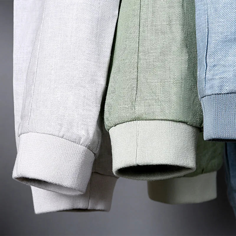 Men's heather grey thin linen jacket with a regular fit, shown on a model.