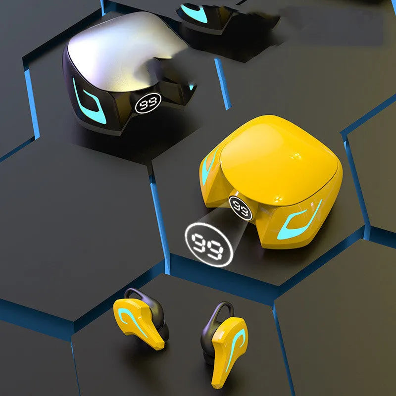 Wireless Bluetooth gaming headset with earplug-style bilateral design in black grey, yellow, or cool black colours