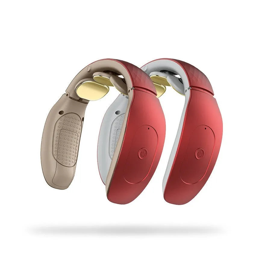 Small portable red and white intelligent cervical massager device on table.