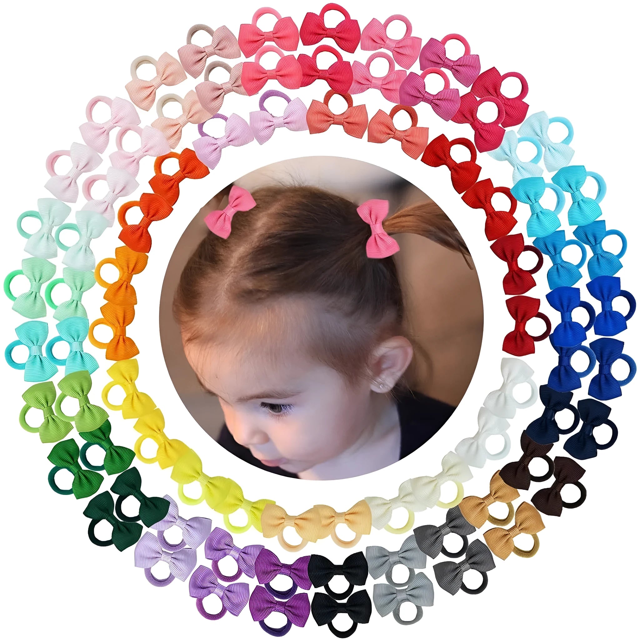 80 piece set of baby hair ties with multi-coloured grosgrain ribbon bows on soft elastic bands