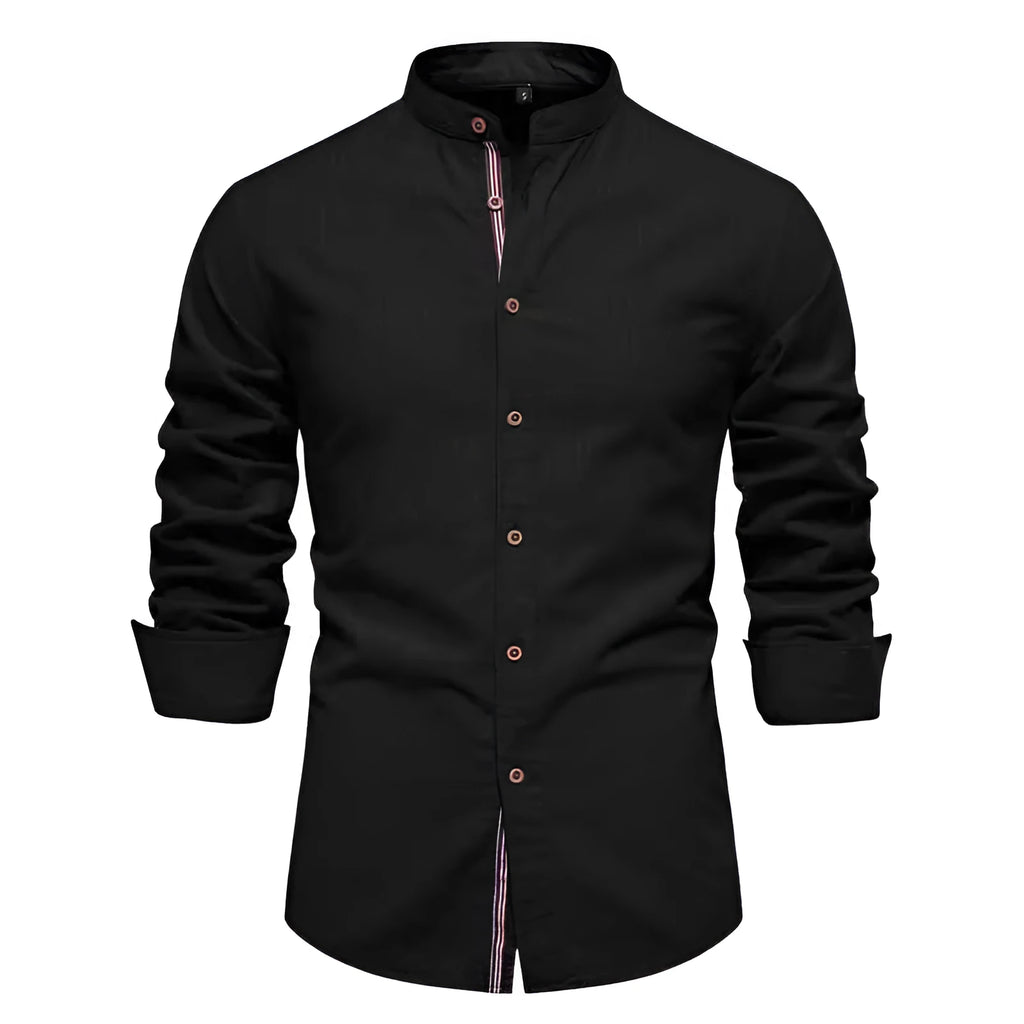 Men's solid colour linen blend long sleeve shirt in ivory white, front view, with non-iron finish