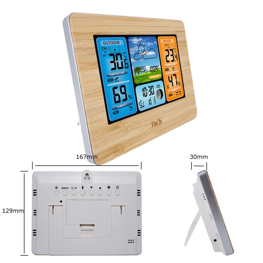 Rectangular black pocket weather station with LCD display showing temperature, humidity and weather data