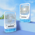 White USB rechargeable cooling fan with three spray nozzles, 270-degree adjustable head, and night light on a desk